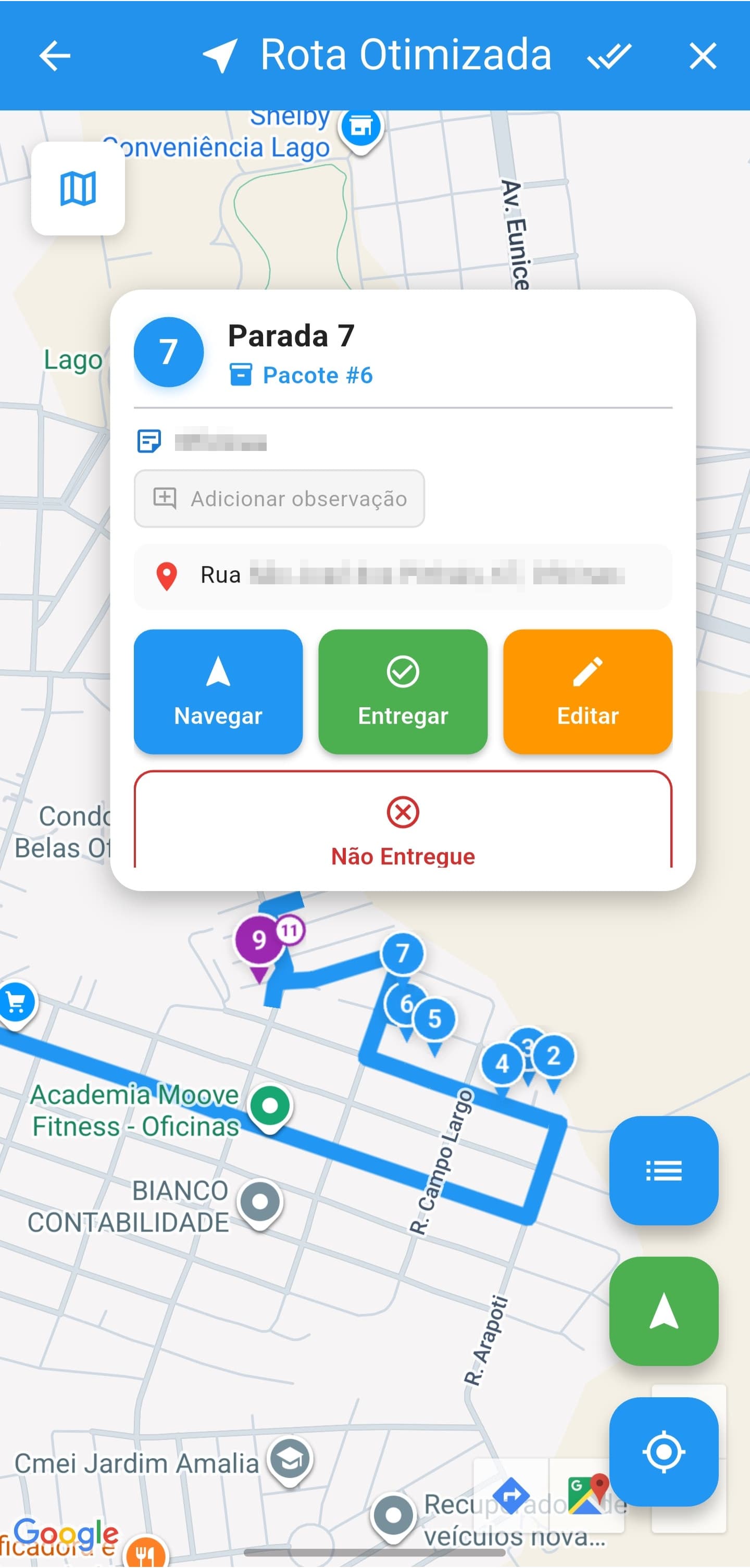 Visão das paradas no app